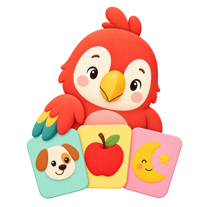 Mumu, a cheerful red parrot, holding picture cards of a dog, an apple and the moon